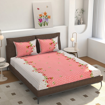 HOMIMPEX Cotton King Fitted (Elastic) 300 TC Printed Bedsheet(Pack of 1, PINK DOT-White)