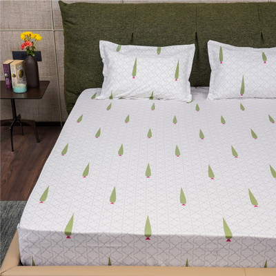 Urban Space Cotton King Fitted (Elastic) 200 TC Floral Bedsheet(Pack of 1, Pinewood Grey Green)