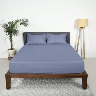 SleepyCat Cotton Queen Fitted (Elastic) 200 TC Solid Bedsheet(Pack of 1, Twilight Blue)