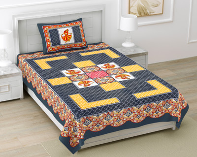 BharatLinen 144 TC Cotton Single Jaipuri Prints Flat Bedsheet(Pack of 1, Grey, Yellow)