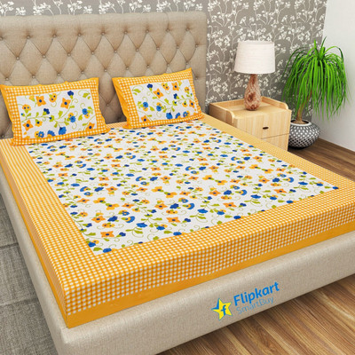 Flipkart SmartBuy 104 TC Cotton Double Jaipuri Prints Flat Bedsheet(Pack of 1, Yellow)