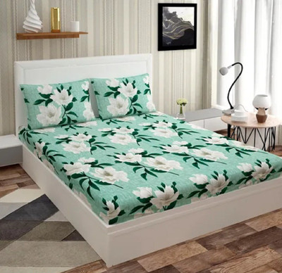 TURIYA Microfiber Double Fitted (Elastic) 180 TC Floral Bedsheet(Pack of 1, Green)