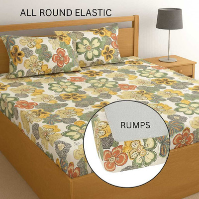 Rumps 350 TC Cotton, Microfiber Double Printed Fitted (Elastic) Bedsheet(Pack of 1, white flower)