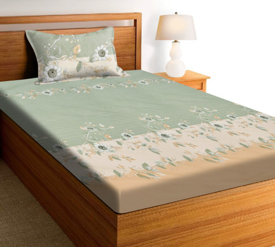 RUSTIC LINEN 144 TC Microfiber Single Printed Flat Bedsheet(Pack of 1, Light Green:Vream)