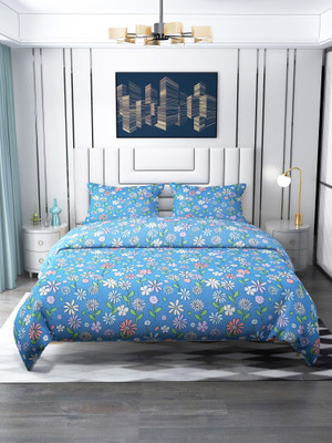 Nendle Cotton Super King Flat 400 TC Printed Bedsheet(Pack of 1, Blue)