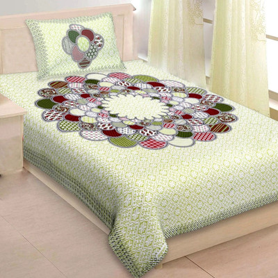 FABSOFT Cotton Single Flat 144 TC Jaipuri Prints Bedsheet(Pack of 1, Green)