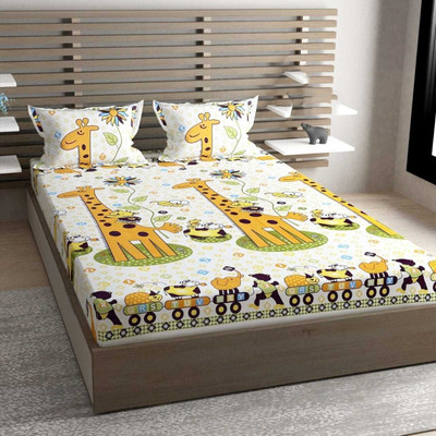 WELLPRAN 250 TC Polycotton Queen Printed Fitted (Elastic) Bedsheet(Pack of 1, White)