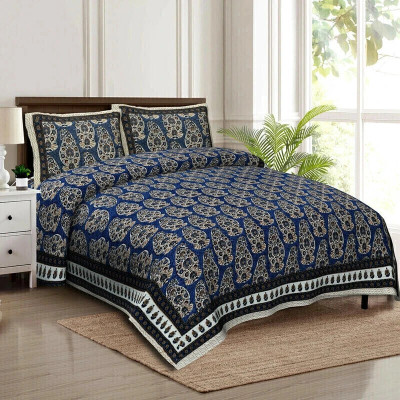 CLOTHOLOGY Cotton King Flat 240 TC Jaipuri Prints Bedsheet(Pack of 1, Blue, Brown)