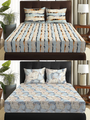 Story@home 180 TC Microfiber Double Abstract Flat Bedsheet(Pack of 2, Grey, Cream)
