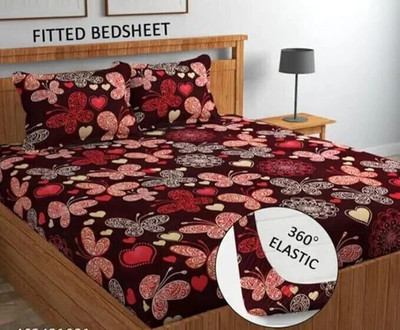 OLDENNA Microfiber Double Fitted (Elastic) 250 TC Floral Bedsheet(Pack of 1, grey-pink)
