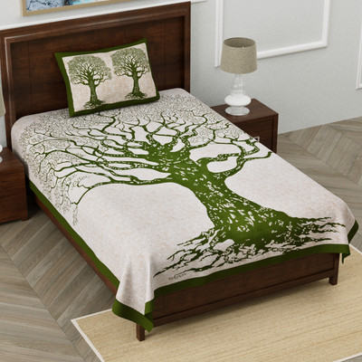 Cosito 144 TC Cotton Single Jaipuri Prints Flat Bedsheet(Pack of 1, Green 1)