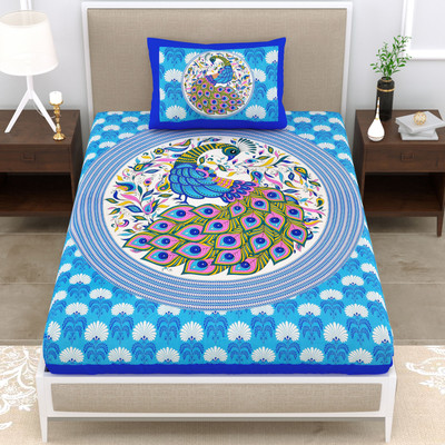 Kksh Cotton Single Flat 144 TC Jaipuri Prints Bedsheet(Pack of 1, Sky Blue & Blue & Yellow & Green & Pink)