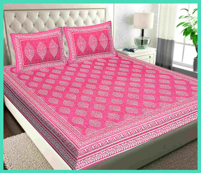 JAIPUR PRINTS Cotton Double Flat 144 TC Jaipuri Prints Bedsheet(Pack of 1, Pink)