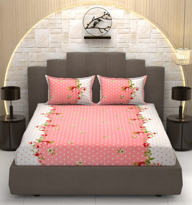 OSONICTEXTILE 254 TC Cotton Double Printed Fitted (Elastic) Bedsheet(Pack of 1, Pink-1)