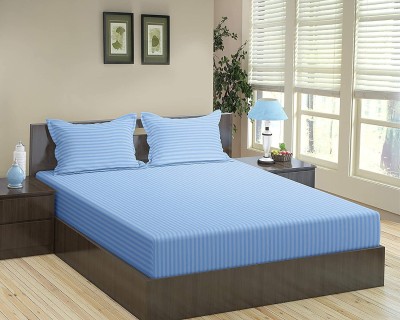 n g products 310 TC Satin Double Striped Fitted (Elastic) Bedsheet(Pack of 1, Sky Blue)