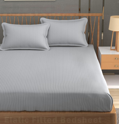 REDROME Cotton Double Fitted (Elastic) 300 TC Striped Bedsheet(Pack of 1, Light Grey)