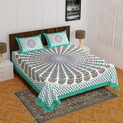 E ELMA Cotton Double Flat 144 TC Floral Bedsheet(Pack of 1, Green)