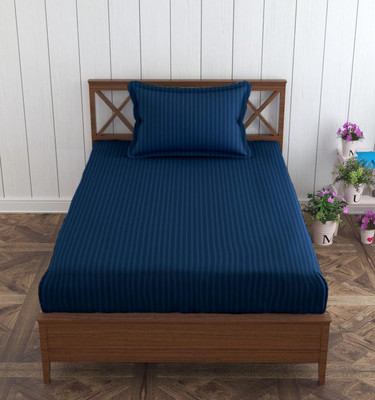 Trance Home Linen 200 TC Cotton Single Striped Fitted (Elastic) Bedsheet(Pack of 1, Dark Blue)