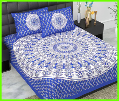JAIPUR PRINTS Cotton Double Flat 160 TC Jaipuri Prints Bedsheet(Pack of 1, Blue)