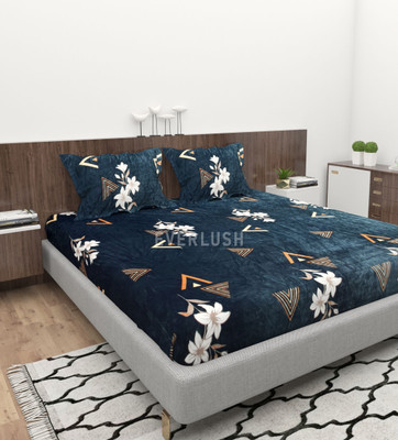 EVERLUSH Velvet King Fitted (Elastic) 400 TC Printed Bedsheet(Pack of 1, Blue Floral)