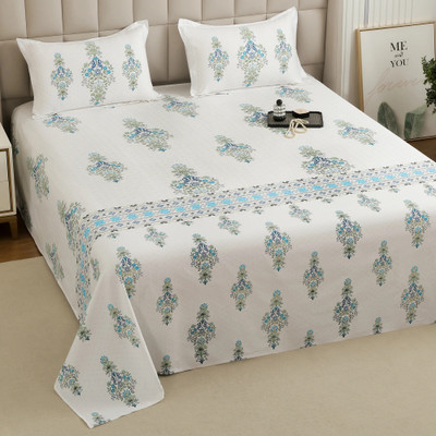 Story@home Cotton King Flat 240 TC Printed Bedsheet(Pack of 1, White, Cyan Blue)