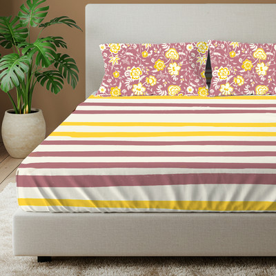 Urban Space Cotton Super King Flat 144 TC Printed Bedsheet(Pack of 1, Beige, Pink, Yellow)