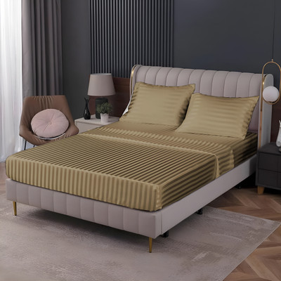 Texlux Cotton King Fitted (Elastic) 250 TC Striped Bedsheet(Pack of 1, Beige)