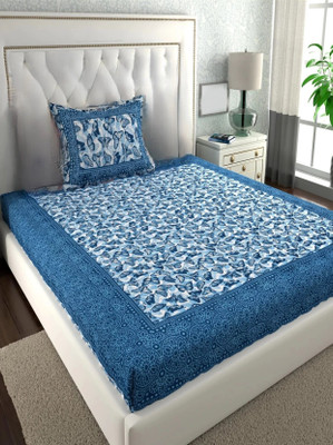Dreamsoft Cotton Single Flat 144 TC Jaipuri Prints Bedsheet(Pack of 1, Titli Blue)