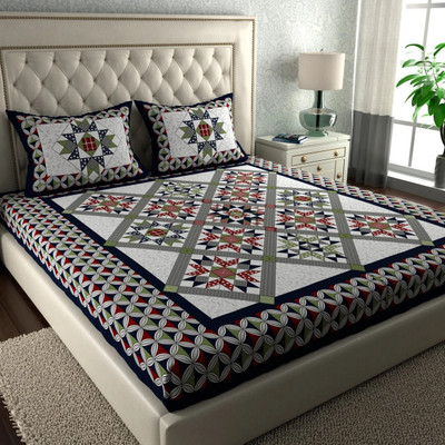Cosito 144 TC Cotton Double Jaipuri Prints Flat Bedsheet(Pack of 1, Blue)