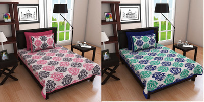 KANDY SHOP Cotton Single Flat 140 TC Printed Bedsheet(Pack of 2, Pink, Blue)