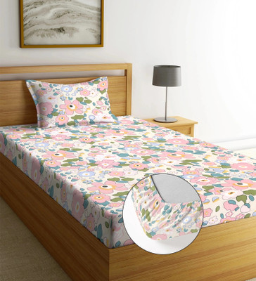 Moonroof 244 TC Cotton Single Printed Fitted (Elastic) Bedsheet(Pack of 1, Multicolor)