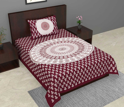 Narmada prints Cotton Single Flat 210 TC Printed Bedsheet(Pack of 1, Maroon)