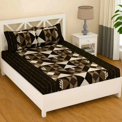 Hss fab Cotton Blend Double Fitted (Elastic) 180 TC Abstract Bedsheet(Pack of 1, Brown)