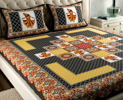 Mohini Dyeing Cotton Double Flat 144 TC Jaipuri Prints Bedsheet(Pack of 1, Grey, Yellow, Red, Black, Brown)