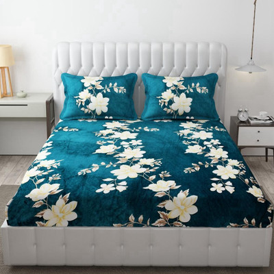 EXFAB 354 TC Woolen King Printed Fitted (Elastic) Bedsheet(Pack of 1, Black Leaf)