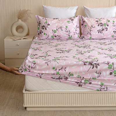 HOMEMONDE 210 TC Cotton King Printed Fitted (Elastic) Bedsheet(Pack of 1, Lavender Pink)