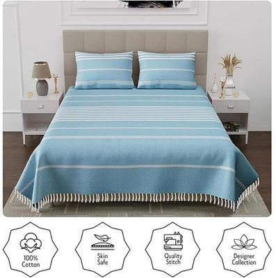 DEEPMAALA TEXTILES 210 TC Cotton Double Striped Flat Bedsheet(Pack of 1, SKY BLUE)