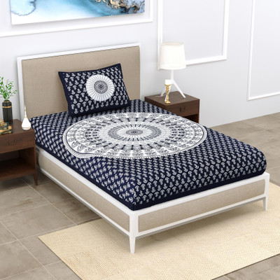 KOUNDAL Cotton Single Flat 144 TC Jaipuri Prints Bedsheet(Pack of 1, Dark Blue)