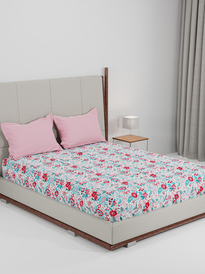 MYTRIDENT Cotton Queen Flat 144 TC Floral Bedsheet(Pack of 1, Gardenia Blooms Pink)