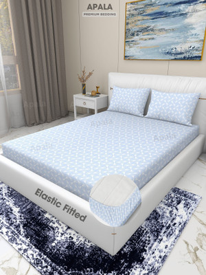 Apala 280 TC Microfiber Double, King Self Design Fitted (Elastic) Bedsheet(Pack of 1, Blue)