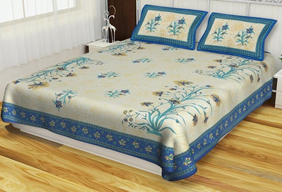 RAJDEVI JAIPUR PRINTS Cotton King Flat 351 TC Printed Bedsheet(Pack of 1, Blue)