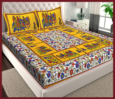JAIPUR PRINTS Cotton Double Flat 144 TC Jaipuri Prints Bedsheet(Pack of 1, Yellow)