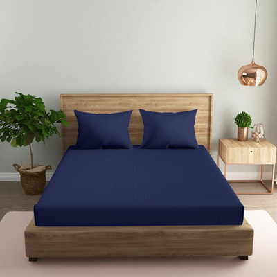 n g products 300 TC Satin Double Solid Fitted (Elastic) Bedsheet(Pack of 1, Blue)