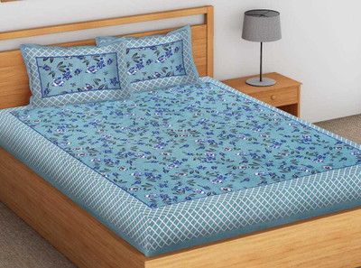E-Wish Box 144 TC Cotton Double Jaipuri Prints Flat Bedsheet(Pack of 1, Blue)