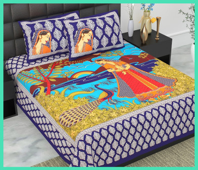 JAIPUR PRINTS Cotton Double Flat 144 TC Printed Bedsheet(Pack of 1, Blue)