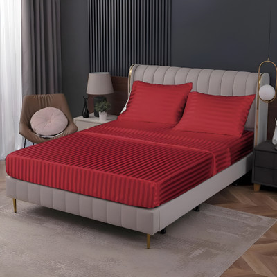 Cashmera Cotton King Fitted (Elastic) 210 TC Striped Bedsheet(Pack of 1, Maroon)