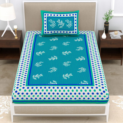 ABHACLOTHO Cotton Single Flat 144 TC Jaipuri Prints Bedsheet(Pack of 1, Blue)