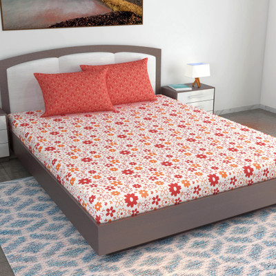 Divine Casa Cotton King Flat 144 TC Floral Bedsheet(Pack of 1, Rust & White)