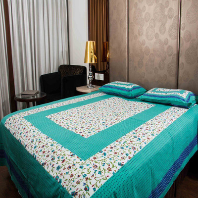E ELMA 104 TC Cotton Double Printed Flat Bedsheet(Pack of 1, Green)