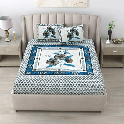 UNIQCHOICE Cotton King Flat 250 TC Motifs Bedsheet(Pack of 1, Gray & Light Blue)